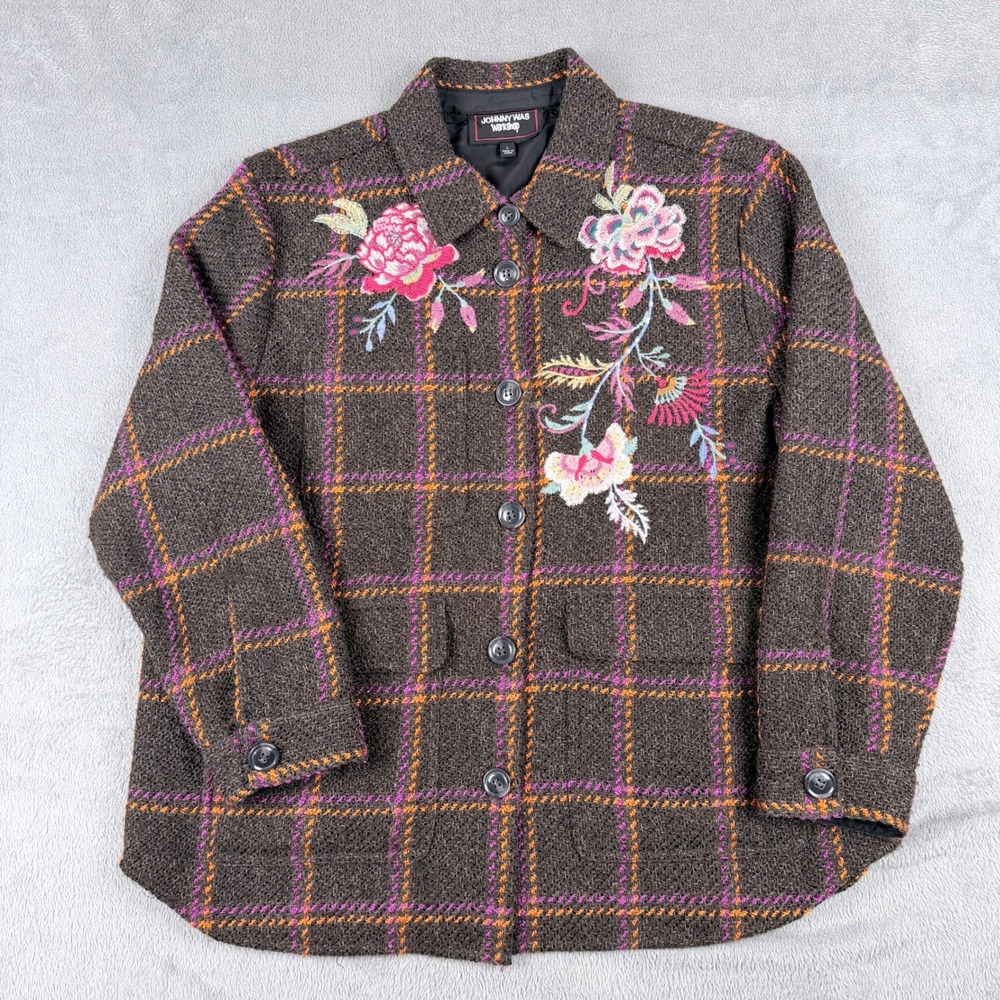 Johnny Was Workshop Brown Plaid Floral Embroidered Wool Blend Jacket Large